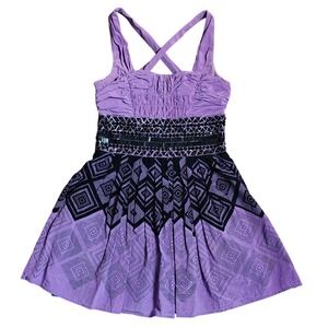 Bebe Purple Silk Mini Dress Black Geometric‎ Print Embellished Waist Y2K Medium